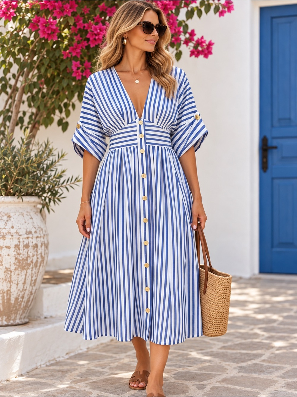 Zara Blue White Striped Linen Blend Button Front Midi Dress Belted Size Small